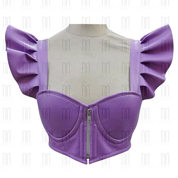 Purple Underwire Faux Leather Short Bustier with Adjustable Pleated Sleeves